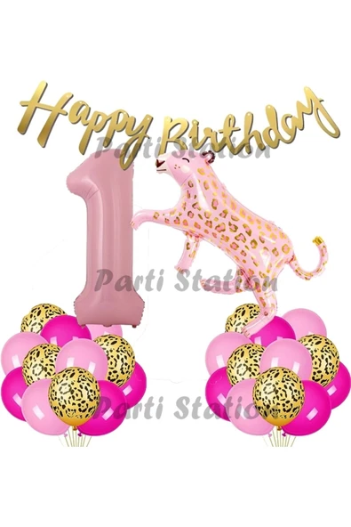 Pembe Leopar 1 Yaş Balon Set Safari Leopar Doğum Günü Parti Balon Set Pembe Panter Jungle Balon Set ürün görseli 1