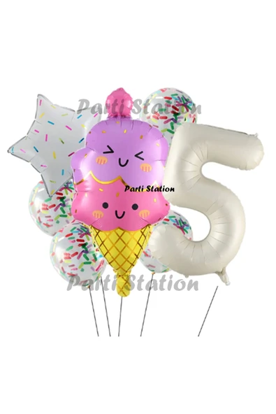 Dondurma İce Cream Konsept Doğum Günü 5 Yaş Balon Set Yaz Tema Sevimli Dondurma Folyo Balon Set ürün görseli 1
