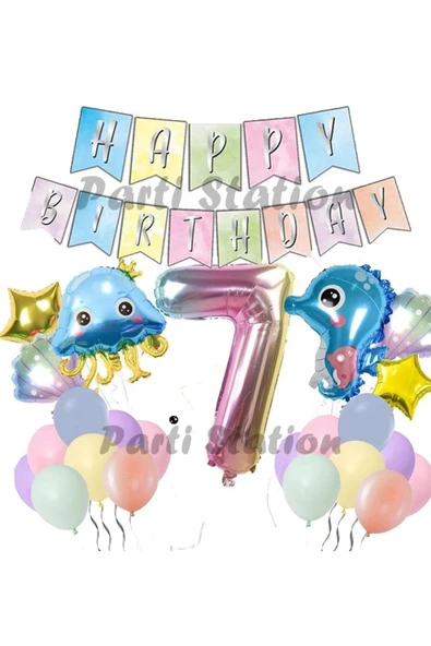 Okyanus Hayvanları Deniz Canlıları 7 Yaş Balon Set Deniz Anası Deniz Atı Happy Birthday Balon Set ürün görseli 1