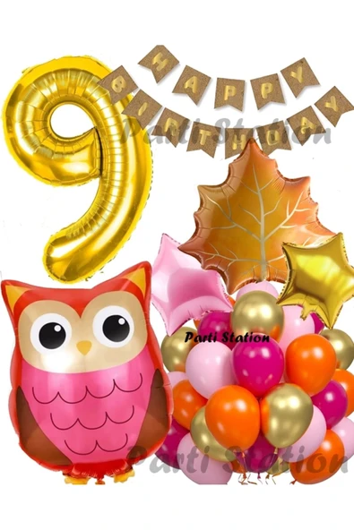 Orman Woodland Baykuş Konsept Doğum Günü 9 Yaş Balon Set Baykuş Tema Folyo Balon Set ürün görseli 1