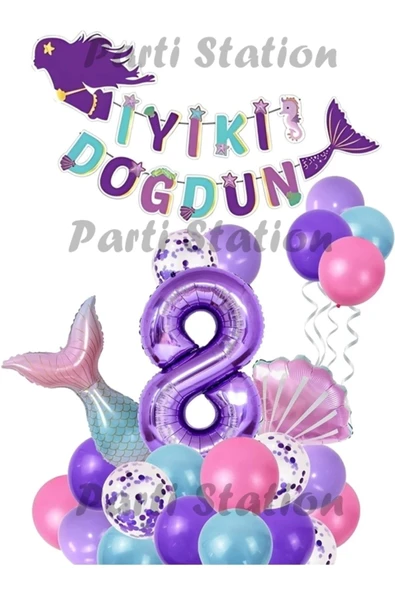 Mor Rakam Balon Deniz Kızı Konsept Parti 8 Yaş Balon Set Mermaid Doğum Günü Balon Set Deniz Kızı ürün görseli 1