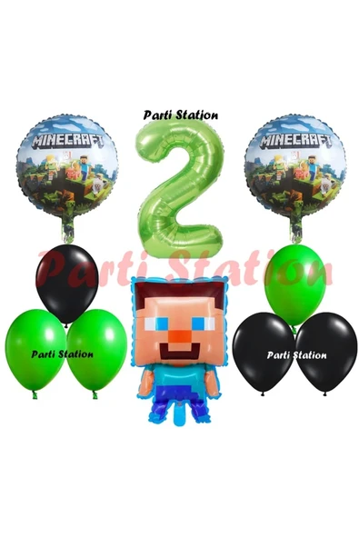 Yeşil Rakam Balonlu Minecraft Konsept Doğum Günü 2 Yaş Balon Set Minecraft Yeşil Siyah Balon Set ürün görseli 1