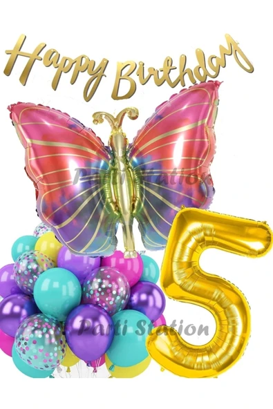 Rengarenk Kelebek 1 Yaş Balon Set Colorfull Butterfly Gökkuşağı Konsept Parti Doğum Günü Balon Seti ürün görseli 1