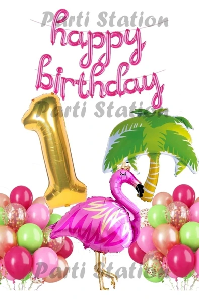 Tropikal Konsept Parti Flamingo 1 Yaş Doğum Günü Balon Seti Yaz Temalı Tropikal Flamingo Parti ürün görseli 1