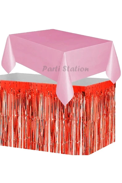 Masa Örtüsü ve Etek Set Plastik Pembe Renk Masa Örtüsü Kırmızı Renk Metalize Sarkıt Masa Eteği Set ürün görseli 1