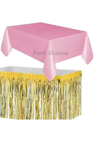 Masa Örtüsü Etek Set Plastik Pembe Renk Masa Örtüsü Altın Gold Renk Metalize Sarkıt Masa Eteği Set ürün görseli 1