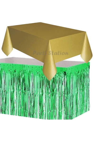 Masa Örtüsü Masa Eteği Plastik Altın Gold Renk Masa Örtüsü Yeşil Renk Metalize Sarkıt Masa Eteği Set ürün görseli 1