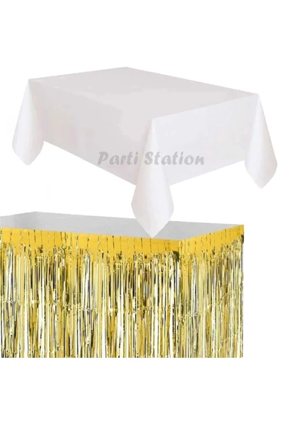 Masa Örtüsü Masa Eteği Plastik Beyaz Renk Masa Örtüsü Altın Gold Renk Metalize Sarkıt Masa Eteği Set ürün görseli 1