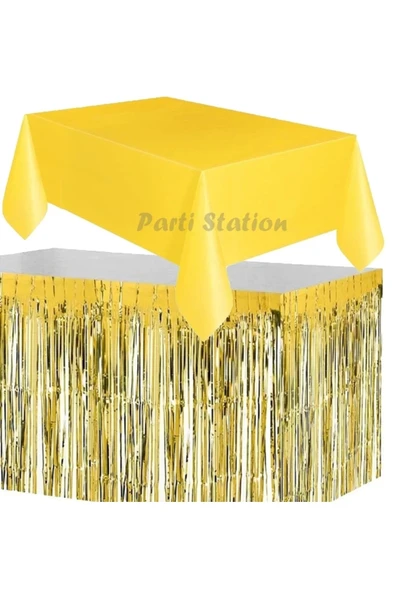 Masa Örtüsü ve Etek Set Plastik Sarı Renk Masa Örtüsü Altın Gold Renk Metalize Sarkıt Masa Eteği Set ürün görseli 1