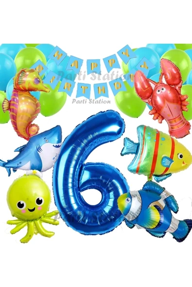 Büyük Boy Balonlu Okyanus Hayvanları 6 Yaş Doğum Günü Balon Set Deniz Canlıları Balon Set ürün görseli 1