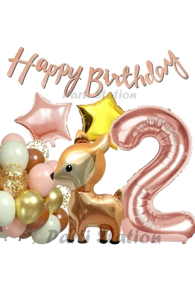 Woodland Geyik 2 Yaş Folyo Rosegold Balon Set Geyik Ceylan Doğum Günü Parti Balon Set Geyik Konsept ürün görseli 1