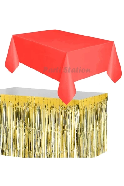 Masa Örtüsü Set Plastik Kırmızı Renk Masa Örtüsü Altın Gold Renk Metalize Sarkıt Masa Eteği Set ürün görseli 1
