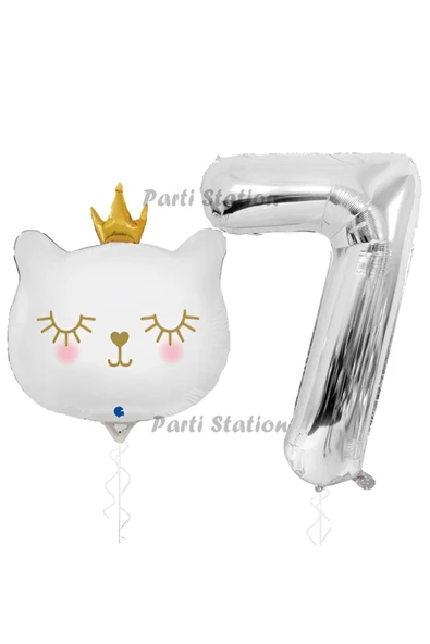 Beyaz Kedi 7 Yaş Doğum Günü Balon Set White Cat White Kitty Konsept Parti Balon Set Beyaz Kedi Tema ürün görseli 1