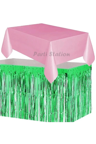 Masa Örtüsü ve Etek Set Plastik Pembe Renk Masa Örtüsü Yeşil Renk Metalize Sarkıt Masa Eteği Set ürün görseli 1