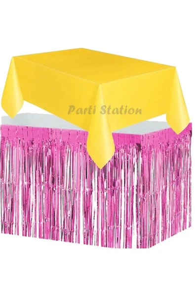 Masa Örtüsü ve Masa Eteği Set Plastik Sarı Renk Masa Örtüsü Pembe Renk Metalize Masa Eteği Set ürün görseli 1