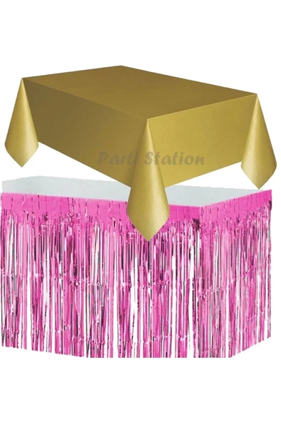 Masa Örtüsü Masa Eteği Plastik Altın Gold Renk Masa Örtüsü Pembe Renk Metalize Sarkıt Masa Eteği Set ürün görseli 1