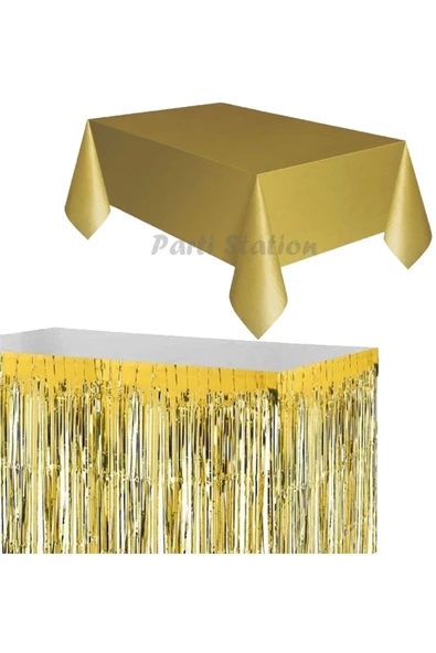 Masa Örtüsü Masa Eteği Plastik Altın Gold Renk Masa Örtüsü Altın Renk Metalize Sarkıt Masa Eteği Set ürün görseli 1