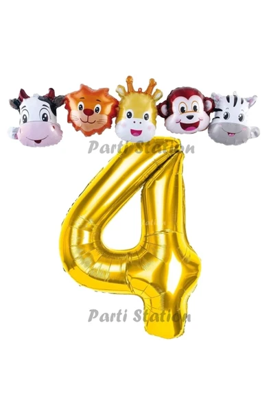 Altın Renk Rakam Balonlu Safari 4 Yaş Doğum Günü Parti Balon Set Safari Hayvanlar Tema Parti ürün görseli 1