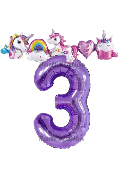 Mor Renk Rakam Balonlu Unicorn 3 Yaş Doğum Günü Parti Balon Set Unicorn Tema Lila Renk Parti Seti ürün görseli 1