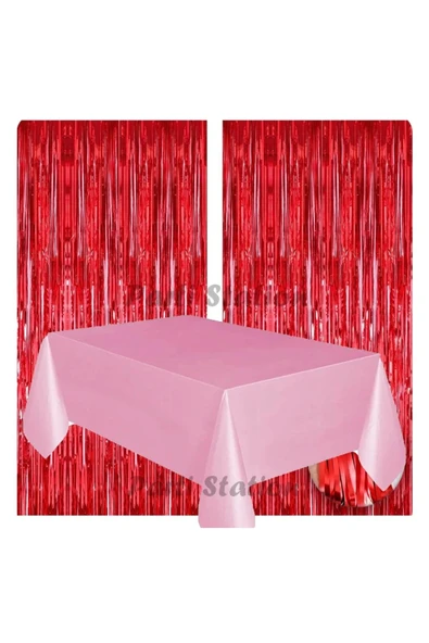 2 Adet Kırmızı Renk Metalize Arka Fon Perdesi ve 1 Adet Plastik Pembe Renk Masa Örtüsü Set ürün görseli 1