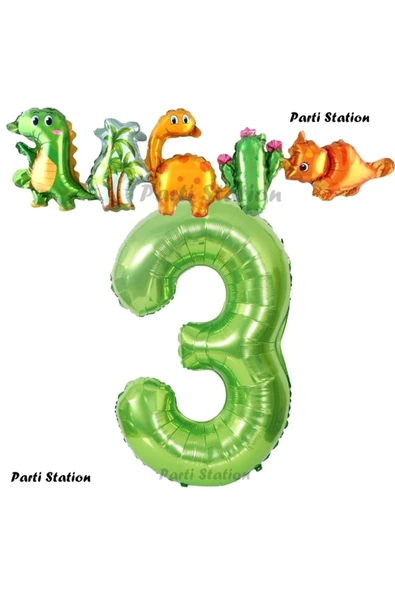 Yeşil Renk Rakam Balonlu Dinozor 3 Yaş Doğum Günü Parti Yapışık Balon Set Dinozor Tema Parti Set ürün görseli 1