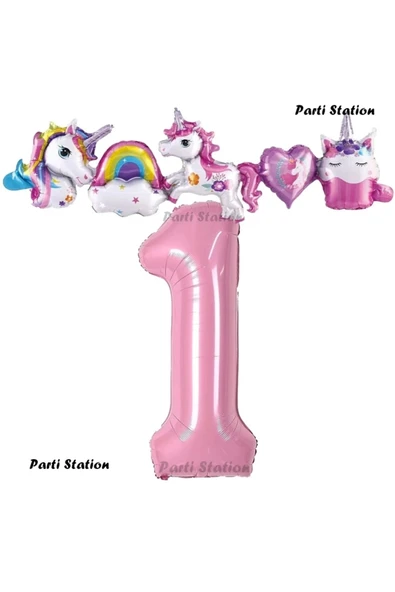 Pembe Renk Rakam Balonlu Unicorn 1 Yaş Doğum Günü Parti Balon Set Pembe Renk Unicorn Tema Parti Seti ürün görseli 1