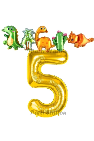 Altın Renk Rakam Balonlu Dinozor 5 Yaş Doğum Günü Parti Yapışık Balon Set Dinozor Tema Parti Set ürün görseli 1