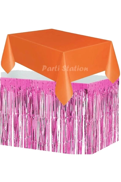 Masa Örtüsü ve Masa Eteği Set Plastik Turuncu Renk Masa Örtüsü Pembe Renk Metalize Masa Eteği Set ürün görseli 1
