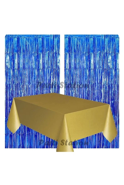 2 Adet Lacivert Renk Metalize Arka Fon Perdesi ve 1 Adet Plastik Altın Gold Renk Masa Örtüsü Set ürün görseli 1