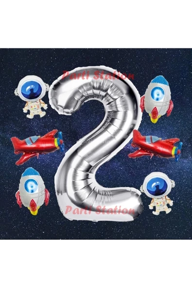 Gümüş Renk Rakam Balon Uzay Konsept 2 Yaş Doğum Günü Balon Set Galaksi Astronot Space Roket Balon ürün görseli 1