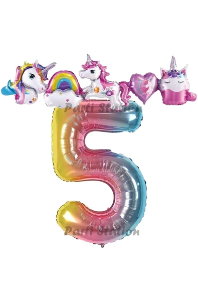 Renkli Gökkuşağı Renk Rakam Balonlu Unicorn 5 Yaş Doğum Günü Parti Balon Set Unicorn Tema Parti Seti ürün görseli 1