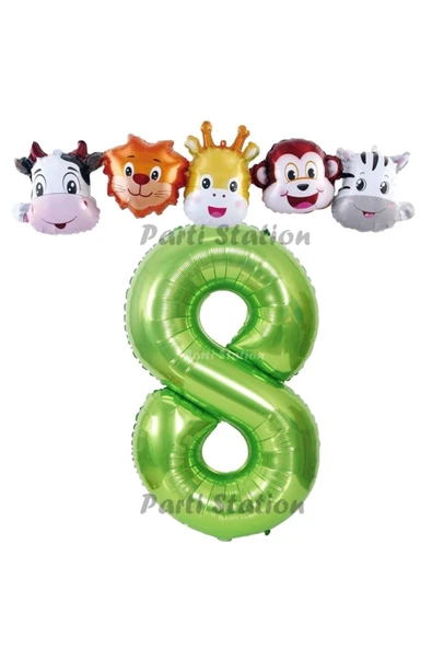 Yeşil Renk Rakam Balonlu Safari 8 Yaş Doğum Günü Parti Balon Set Safari Hayvanlar Tema Parti ürün görseli 1