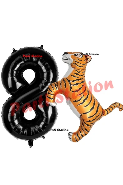 Safari Kaplan Balon 8 Yaş Balon Set Kaplan Balon ve Siyah Rakam Balon Doğum Günü Seti ürün görseli 1