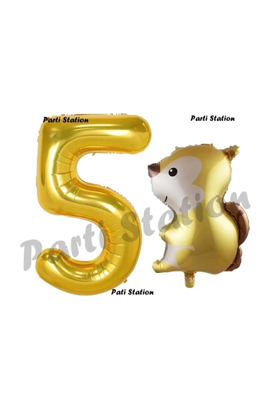 Woodland Sincap Balon 5 Yaş Balon Set Sincap Balon ve Gold Rakam Balon Doğum Günü Seti ürün görseli 1