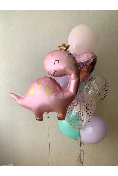 Sevimli Dinozor Konsept Pembe Dinozor Balon Set Pink Dinosaur Balloon Doğum Günü Balon Buketi ürün görseli 1