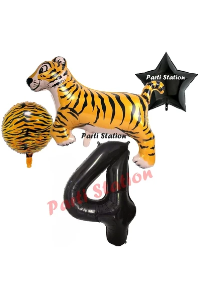 Safari Kaplan Balon 4 Yaş Balon Set Kaplan Balon ve Siyah Rakam Balon Demeti Doğum Günü Seti ürün görseli 1