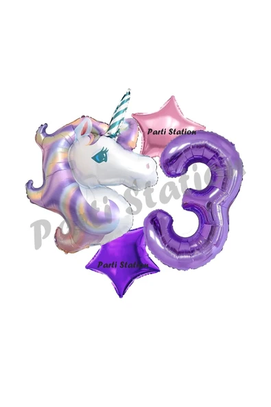 Unicorn Balon 3 Yaş Balon Set Gökkuşağı Unicorn Balon ve Mor Rakam Balon Doğum Günü Seti ürün görseli 1