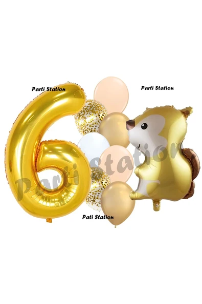 Woodland Sincap Balon 6 Yaş Balon Set Sincap Balon ve Gold Rakam Balon Demeti Doğum Günü Seti ürün görseli 1