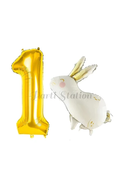 Sevimli Tavşan Rabbit 1 Yaş Balon Set Woodland Konsept Tavşan Balon ve Gold Renk Rakam Balon ürün görseli 1