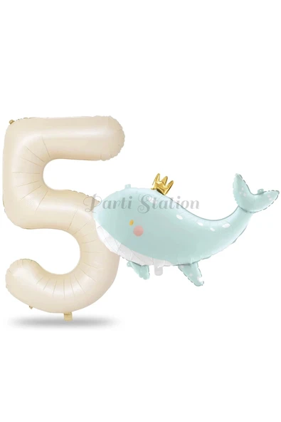 Sevimli Yeşil Balina 5 Yaş Balon Set Deniz Okyanus Canlıları Konsept Balon ve Krem Rakam Balon ürün görseli 1