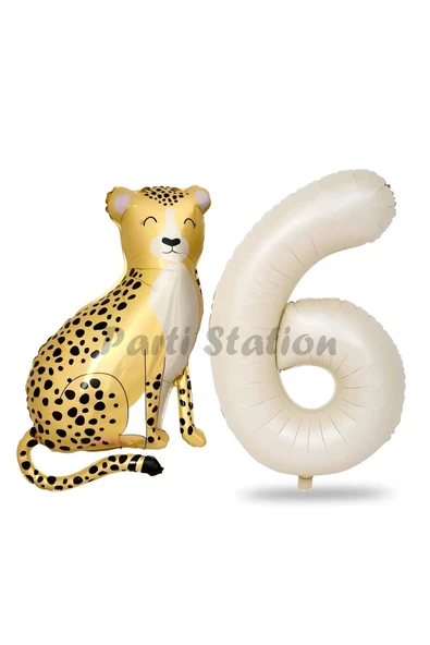 Safari Çita Balon 6 Yaş Balon Set Safari Konsept Çita Balon ve Krem Renk Rakam Balon ürün görseli 1