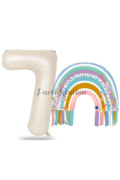 Gökkuşağı 7 Yaş Balon Set Mermaid Rainbow Konsept Balon ve Krem Rakam Balon ürün görseli 1
