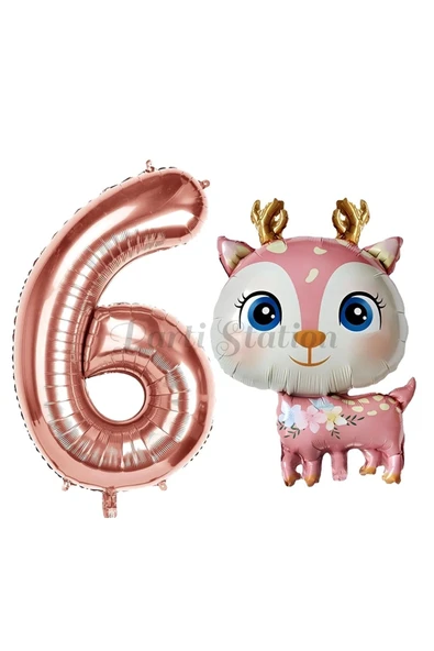 Sevimli Geyik 6 Yaş Balon Set Ceylan Balon Woodland Konsept Geyik Balon ve Rosegold Renk Rakam Balon ürün görseli 1