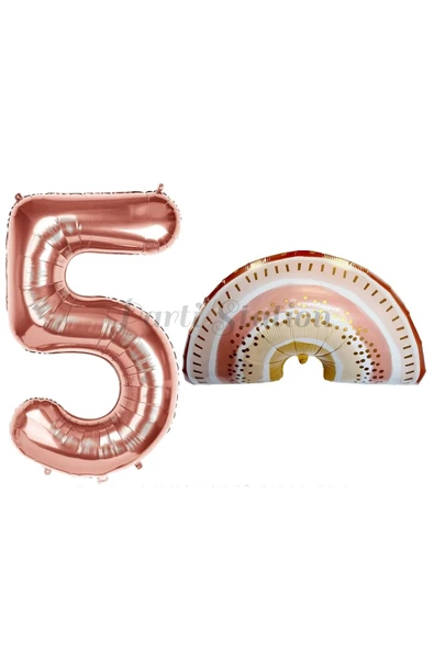 Bohem Gökkuşağı 5 Yaş Balon Set Boho Rainbow Konsept Balon ve Rosegold Rakam Balon ürün görseli 1