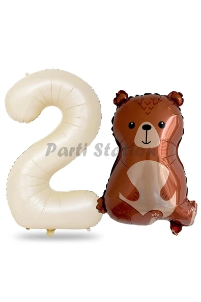 Ayıcık Balon 2 Yaş Balon Set Woodland Konsept Ayı Balon Ve Krem Renk Rakam Balon ürün görseli 1