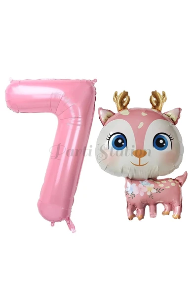 Sevimli Geyik 7 Yaş Balon Set Ceylan Balon Woodland Konsept Geyik Balon ve Pembe Renk Rakam Balon ürün görseli 1