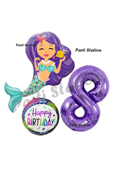 Deniz Kızı Konsept Mermaid Deniz Kızı 8 Yaş Balon Set ve Mor Rakam Balon Doğum Günü Parti Balon Set ürün görseli 1