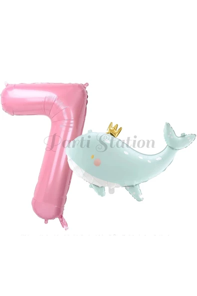Sevimli Yeşil Balina 7 Yaş Balon Set Deniz Okyanus Canlıları Konsept Balon ve Pembe Rakam Balon ürün görseli 1