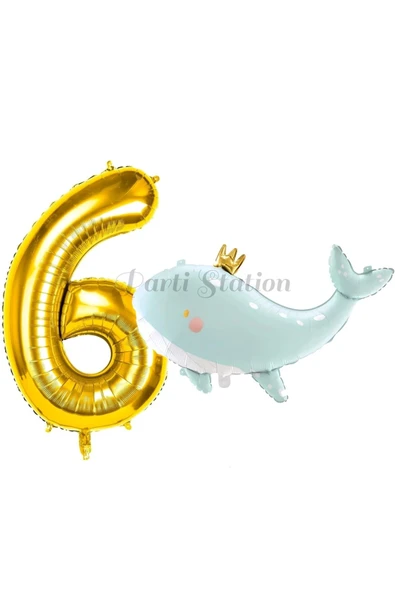 Sevimli Yeşil Balina 6 Yaş Balon Set Deniz Okyanus Canlıları Konsept Balon ve Gold Rakam Balon ürün görseli 1