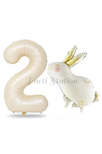Sevimli Tavşan Rabbit 2 Yaş Balon Set Woodland Konsept Tavşan Balon ve Krem Renk Rakam Balon ürün görseli 1